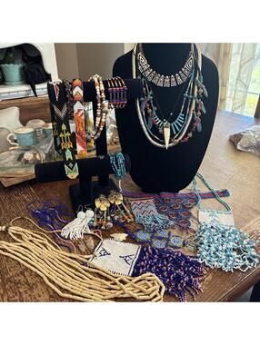 Vintage Native American Sead Bead Jewelry Lot Carved Inspired Western Huge